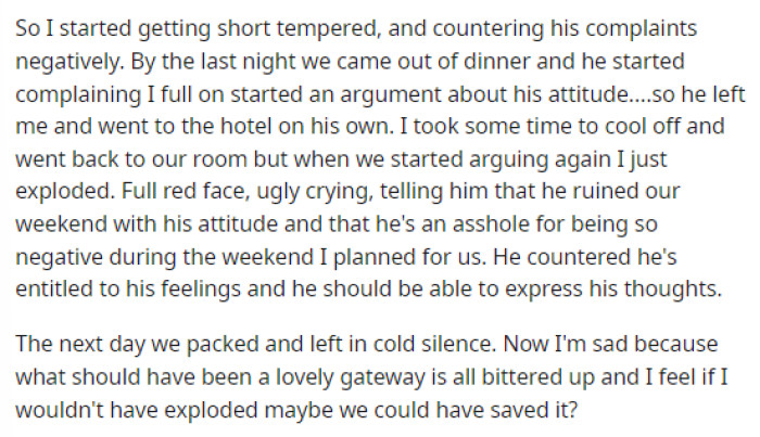 This is when she explains that she blew up about the whole situation and now feels like their vacation is ruined and everything was bitter, even though it was supposed to be exciting.