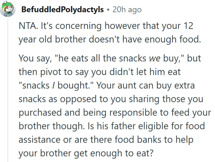 A thoughtful reminder that food security shouldn’t fall on a teenager’s shoulders, no matter how responsible she is.