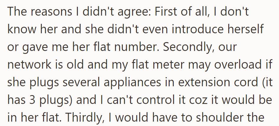 No introduction, no flat number; risk of meter overload due to an old network, and lack of control over appliances plugged into extension cords.