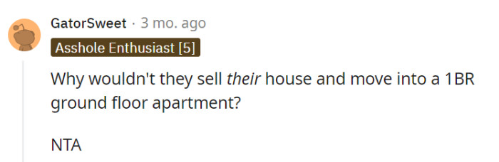 Let her parents navigate the property market themselves and find a suitable solution, like a ground-floor one-bedroom apartment.