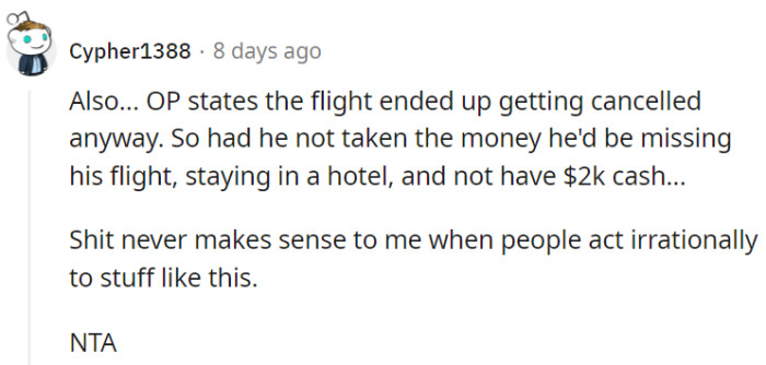 Turning down $2,000 and ending up with a canceled flight and no cash? That's like trading a winning lottery ticket for a broken pencil.