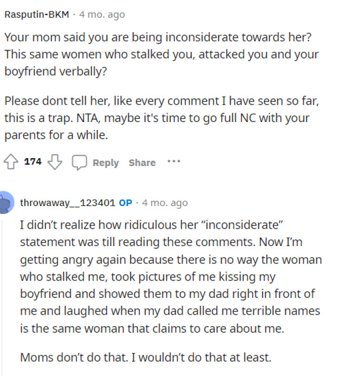 This comment received a response from OP because it stirred up some feelings that led OP to see how her mother was really acting.