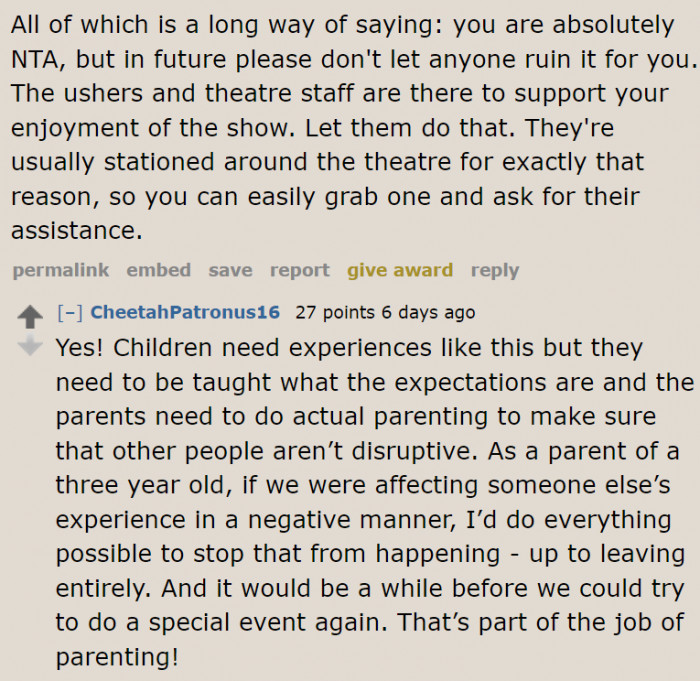 Keeping children quiet in the theater is part of responsible parenting.