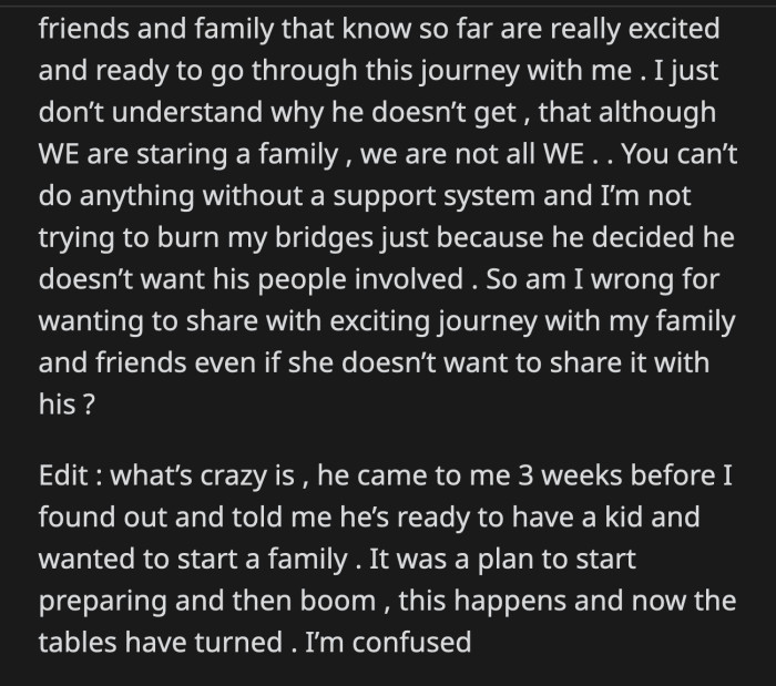 Is OP so wrong to share her pregnancy with her friends and family despite her boyfriend's wishes?