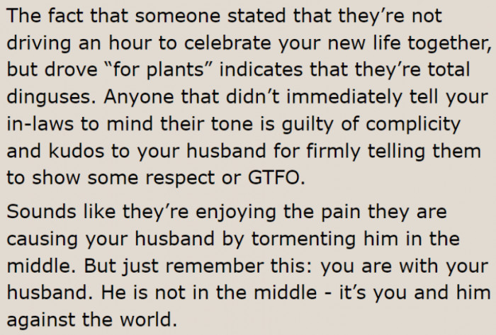 The in-laws should be thankful for the feast that the OP prepared by herself.