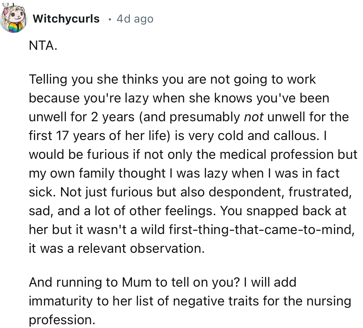 “Add Immaturity to Her List of Negative Traits for the Nursing Profession.”
