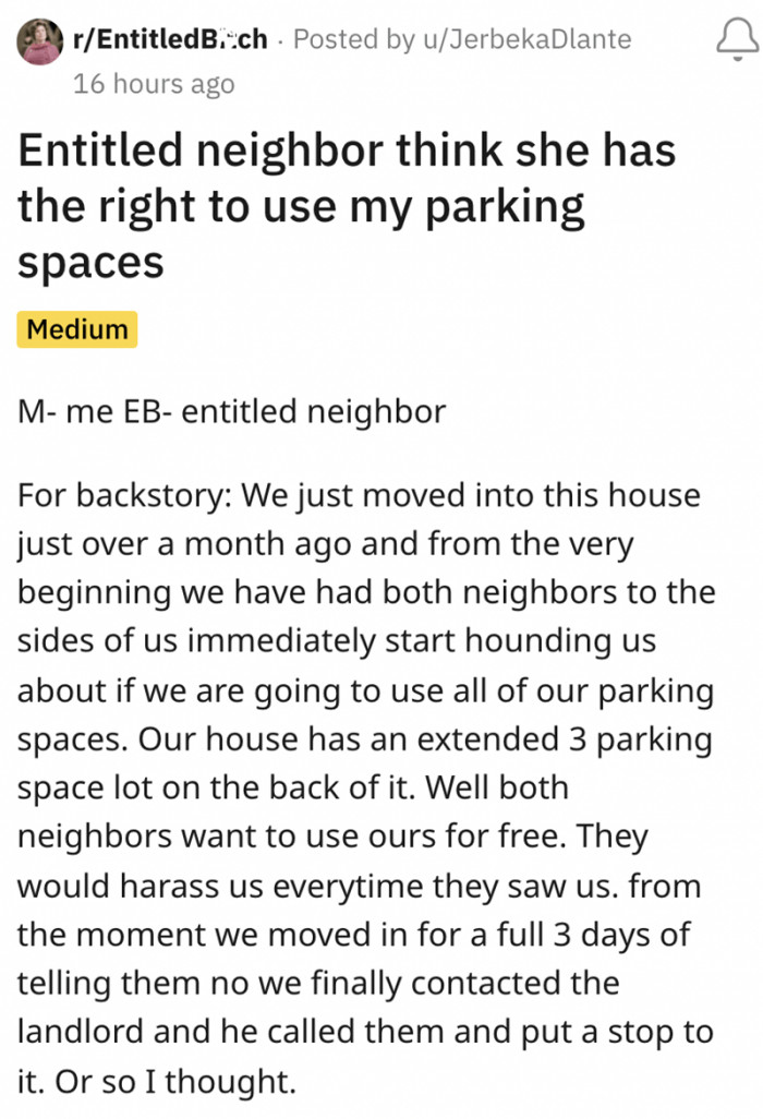 You can't use my parking space, neighbor!