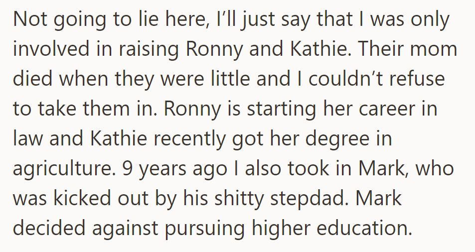 He raised Ronny and Kathie after their mother passed. Ronny is in law, and Kathie graduated in agriculture. Mark skipped higher education.
