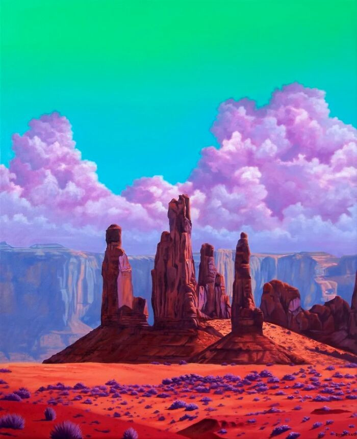 Vaporwave landscape featuring Hoodoo Castle rock formations, Joshua Tree silhouettes, neon gradient lighting