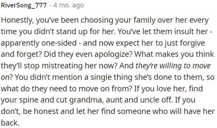 If OP truly cares about her, he needs to consider taking a stand and distancing himself from his family.