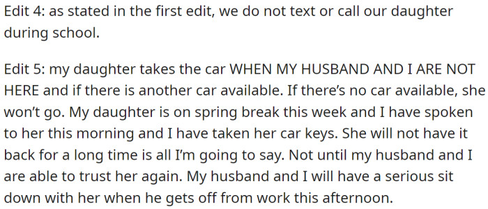 OP said she and her husband would have a serious talk with their daughter: