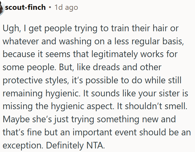 Sister’s hair experiment crosses the line when hygiene takes a back seat to the wedding.