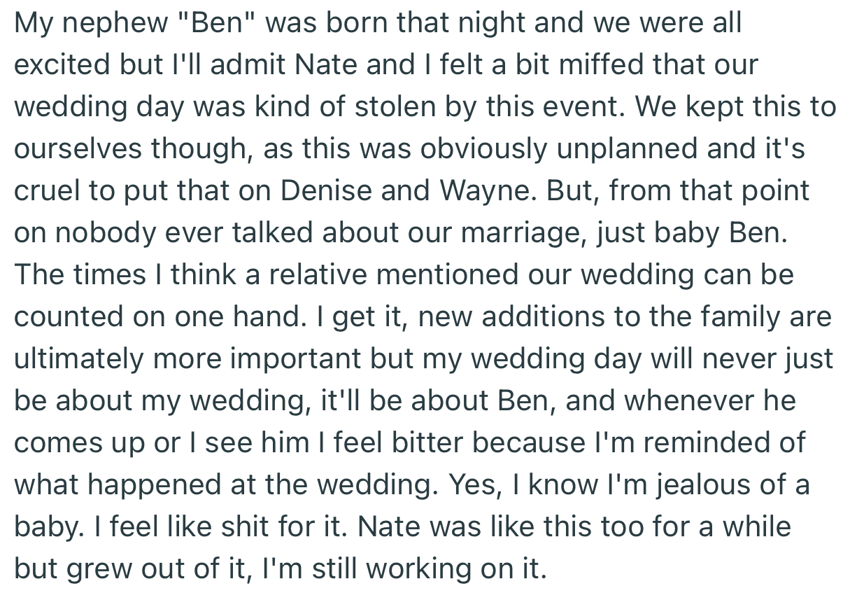 SIL had a successful delivery, but the couple was sour that the baby overshadowed their special day. While OP’s husband got over it, she remained bitter for much longer
