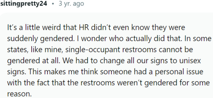 Mysterious gender labeling change raises questions about HR's awareness and potential personal motives behind the decision