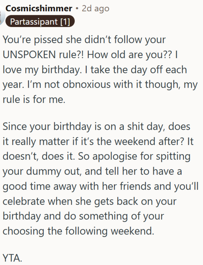 Getting mad over an unspoken rule makes OP's the problem