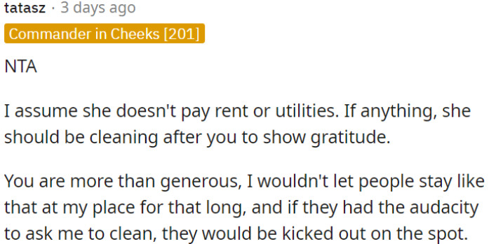 SIL is exploiting OP's kindness by failing to contribute to the payment of rent or utilities.