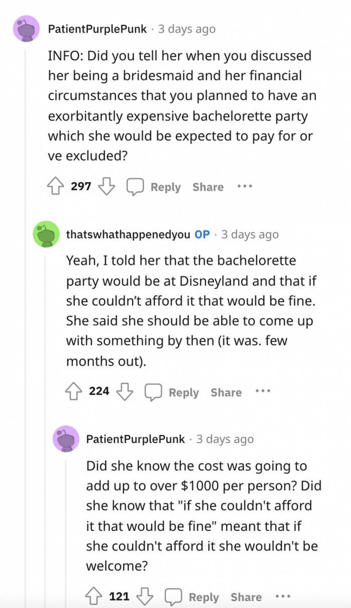 Someone asked OP if she had told her friend about the expensive party.