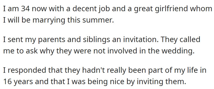 Now, the OP's wedding was approaching, so he sent them an invitation: