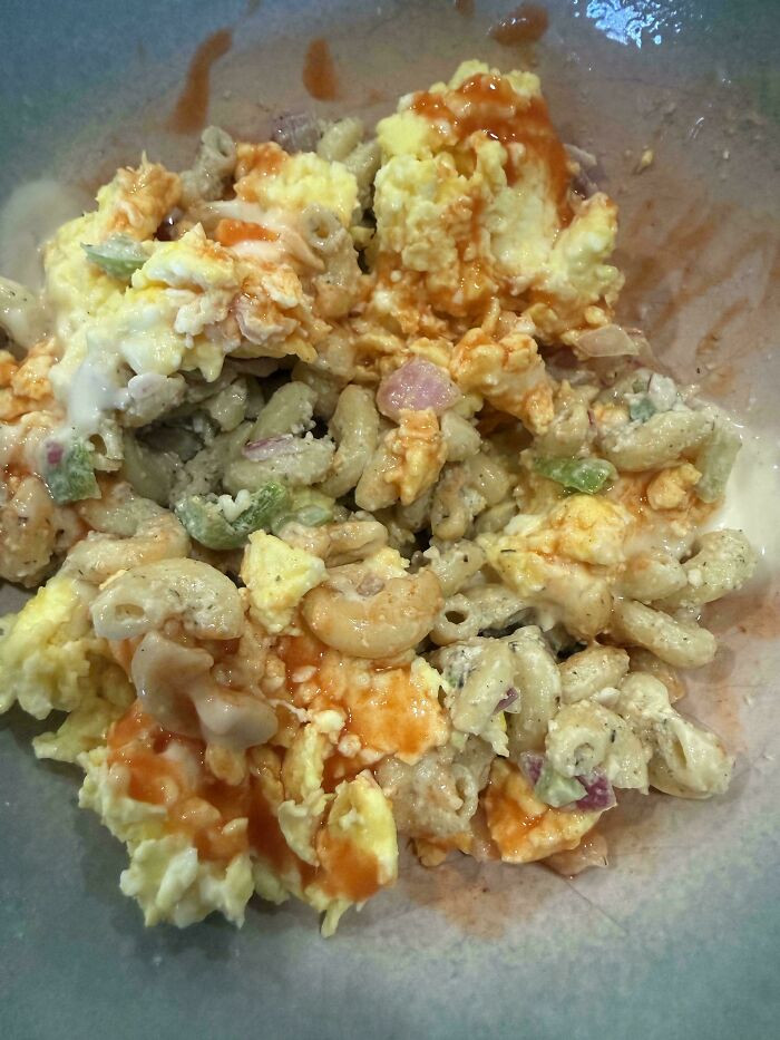 "Leftover Macaroni Salad With Cheesy Eggs, Hot Sauce And Ranch"