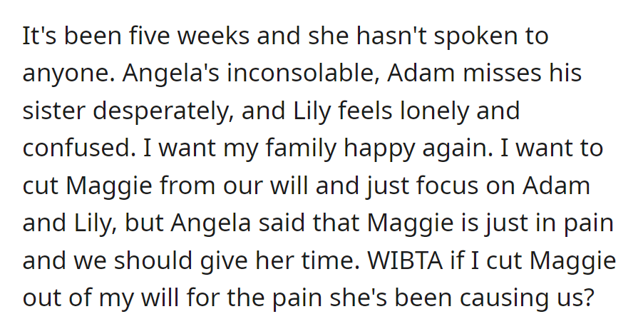 Maggie hasn't spoken to her family in 5 weeks. OP considers cutting her from the will, but Angela wants to give her time.