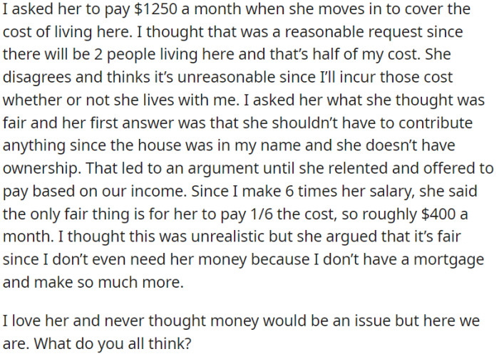A couple disagrees about sharing living expenses. Tensions arise as financial matters strain their relationship.