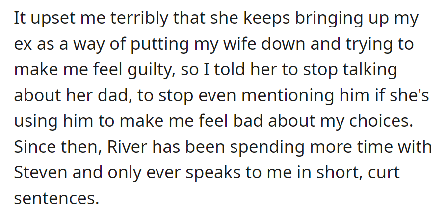 River was told to stop using her ex to induce guilt. Now, she's distant, preferring Steven's company and communicating curtly.