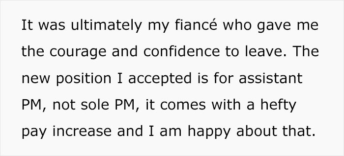 Good thing that OP's fiancé pushed him to leave the unreasonable job, even if it was because of her father.