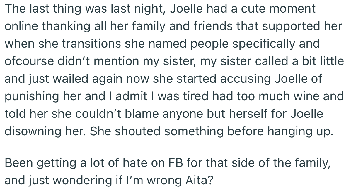 OP’s sister has been hysterical about losing Joelle. But as OP has said multiple times, she has herself to blame