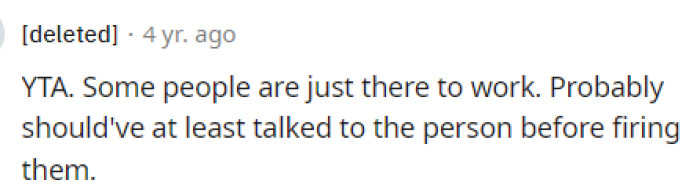 People quickly came to the comments and let OP know that they indeed were TA because the employee shouldn't have been fired for not attending what should be optional work events.