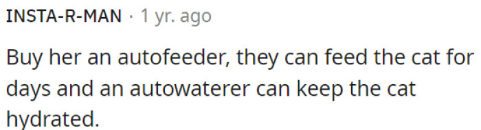 OP can purchase an auto-feeder and auto-waterer to ensure the cat is fed and hydrated for extended periods.