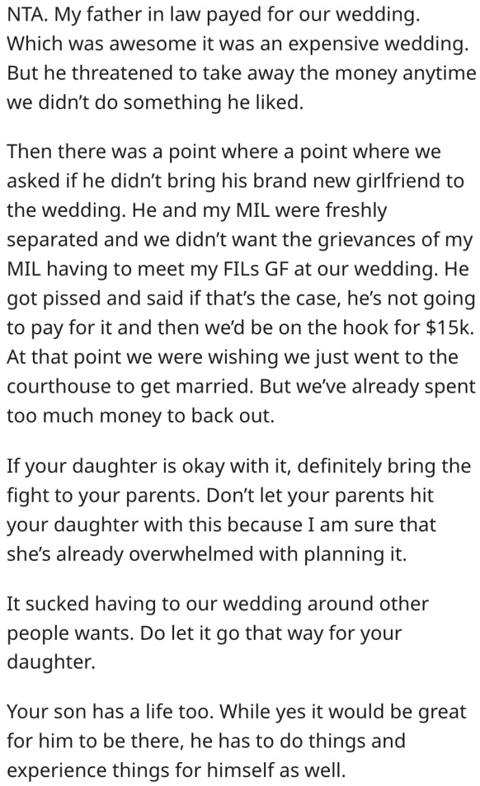 11. It's not uncommon for parents to want control over a wedding they are paying for.