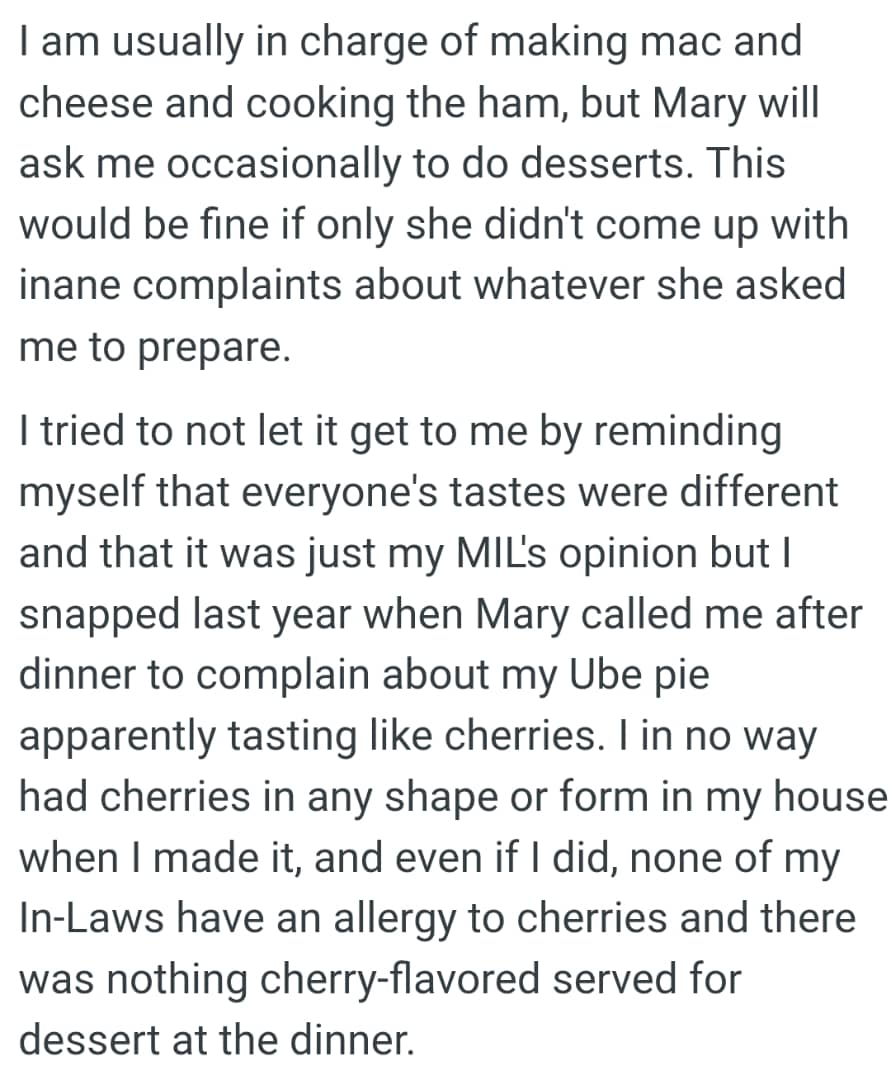 The OP says that this would be fine if only she didn't come up with inane complaints