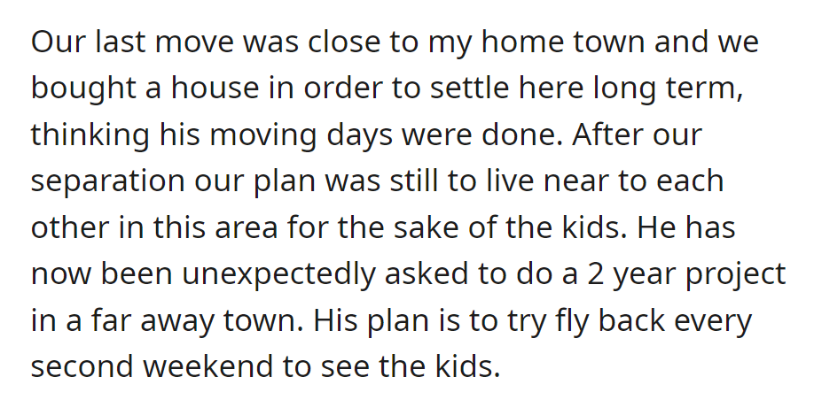 Post-separation, they planned nearby co-parenting. Yet, her husband's 2-year project in a distant town means he'll visit the kids biweekly.