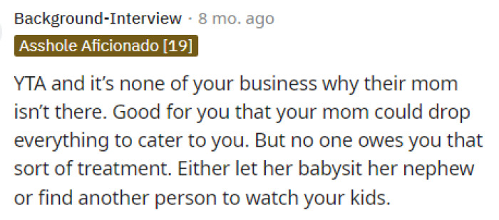 This was something that we noticed too because it was odd for her to mention the babysitter's mom.