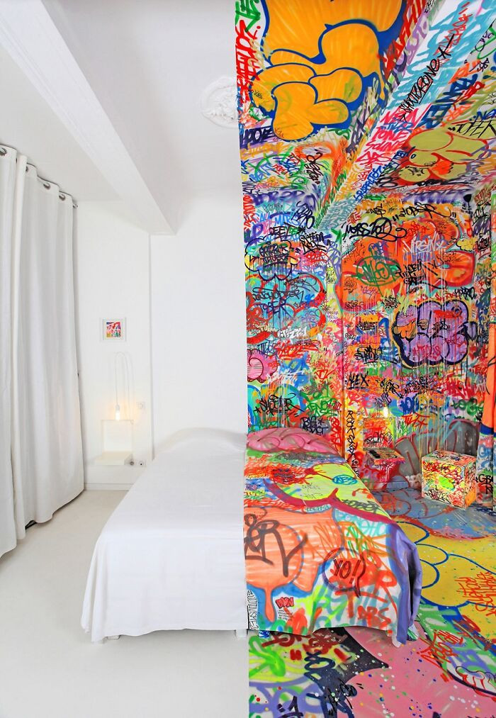 "French Graffiti Artist Tilt Has Swamped One Half Of A Marseille Hotel Room In Decoration, While The Other Half Remains Completely Blank"