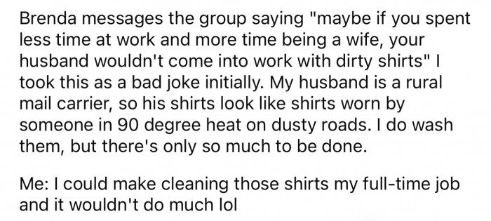 Brenda, one of the husband's coworkers, decided to attack OP and criticize her as a wife.