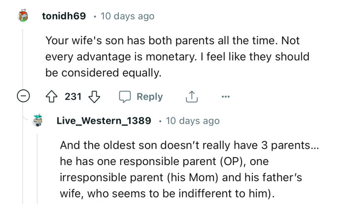 “Your wife's son has both parents all the time. Not every advantage is monetary.”