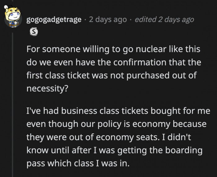 There's another possibility that OP's MIL didn't buy OP an economy-class ticket out of spite.