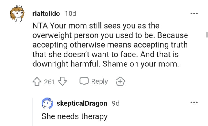 She still sees the OP as an overweight person