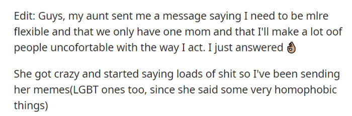 She responded with an emoji to her aunt's criticism but resorted to sending memes, including LGBT-themed ones, in response to her aunt's escalating comments.