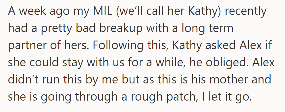 A week ago, MIL Kathy had a bad breakup and asked to stay with them. Alex agreed without consulting his wife, who decided to let it go.
