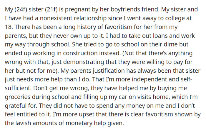 OP feels frustrated as their younger sister, the favored child, is now pregnant by her boyfriend's friend.