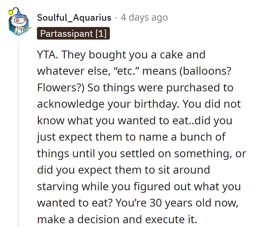 At 30, time to order up more than just confusion. Cake's in, but decisions are on her plate.