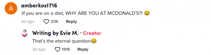 This TikTok user asks a very appropriate question regarding this fast food chain’s terrible consumer. Maybe junk food is a part of her diet, just not the ketchup part.