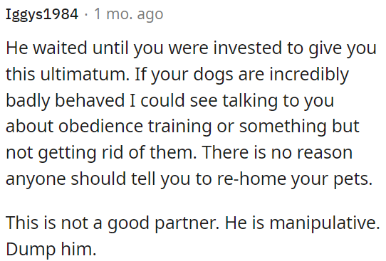 This behavior is manipulative, and he should not ask OP to rehome her pets.