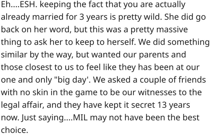 She was asking for too much, as mother-in-laws can't be trusted to keep such a secret for long.