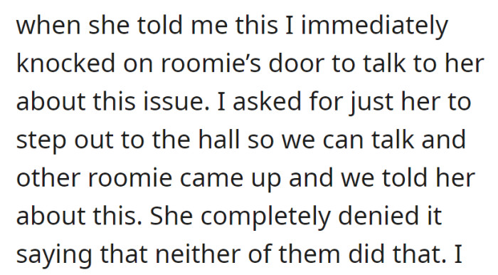 OP knocked on the roommate's door, and discussed the issue in the hall with the other roommate. Roomie denied involvement, claiming neither of them did it.