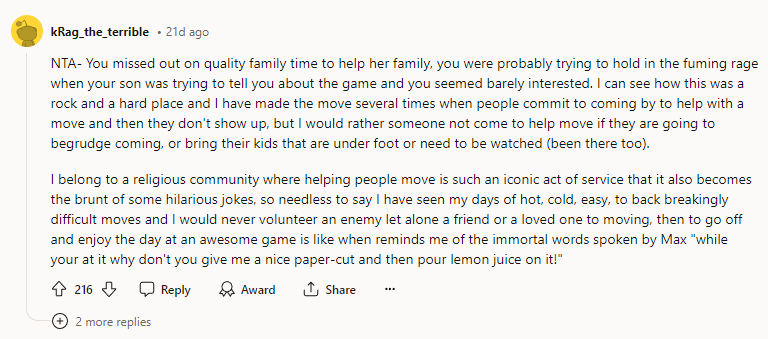 NTA - You missed out on quality family time to help her family.
