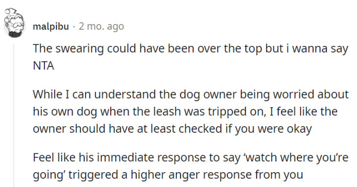 Swearing may have been excessive, but the dog owner's defensive response triggered anger after the stumble incident.