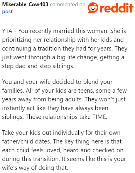 Since the OP and his wife were just married, the OP shouldn't try to force bringing the family closer immediately.